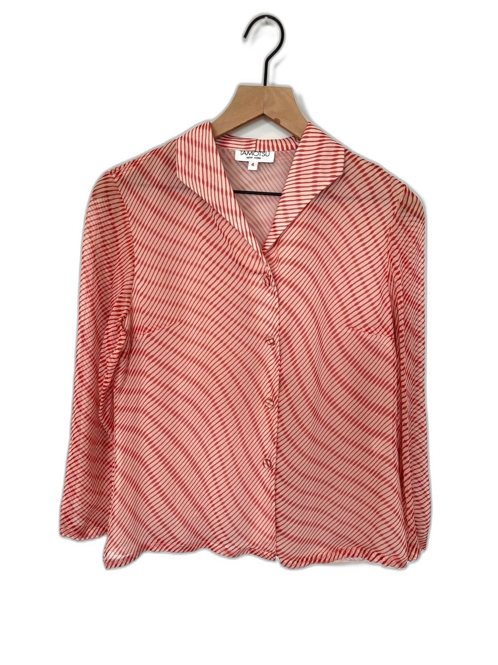 Tamotsu New York Vintage 80s/90s Red Striped Button-Up Blouse Lightweight Size 4